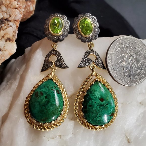 Sterling Silver 925/14k Gold Earrings Diamond African Chrysocolla Natural Stone - Picture 2 of 11